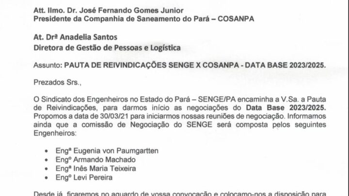 Senge encaminha pauta de reivindicações à COSANPA.