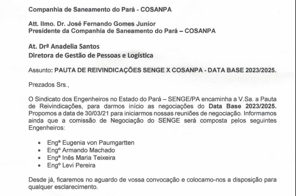 Senge encaminha pauta de reivindicações à COSANPA.