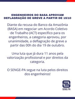 ENGENHEIROS DO BASA APROVAM DEFLAGRAÇÃO DE GREVE A PARTIR DE 19/10